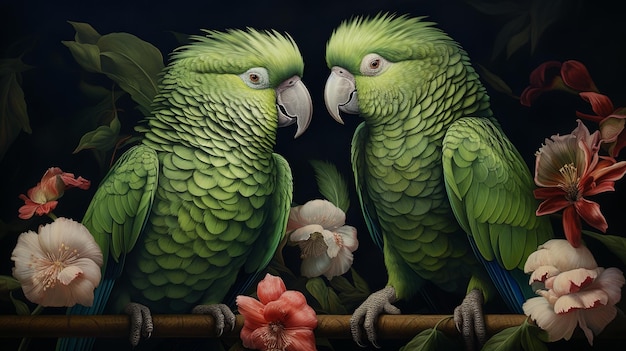 Two green carnation parrots Generative ai