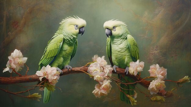 Two green carnation parrots Generative ai