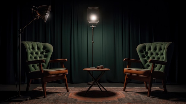 Two green chairs sit in front of a table with a lamp on it.