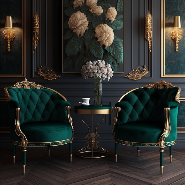 Two green chairs with gold trim sit in front of a table with a small table with a small table with a cup of coffee on it.