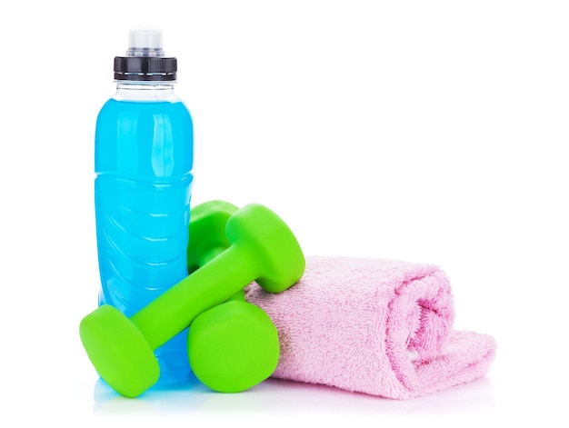 Two green dumbells drink bottle and towel