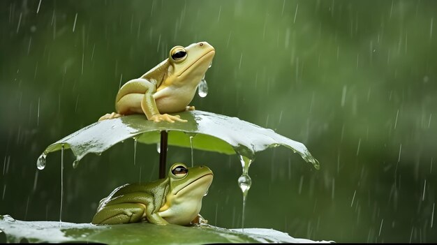 Two green frogs on leaves of plant during rainy season