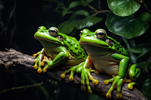 枝の上に座っている2匹の緑のカエル