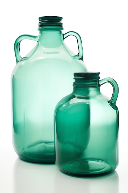 Two green glass jugs with handles are next to each other.