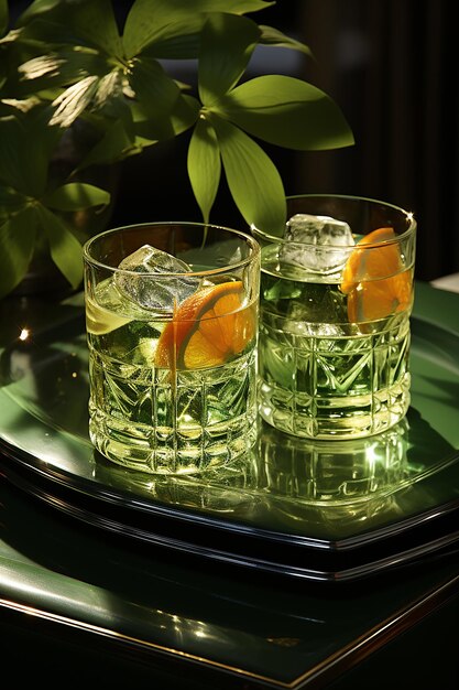 two_green_glasses_on_a_table_in_the_style_of_rich_and_im