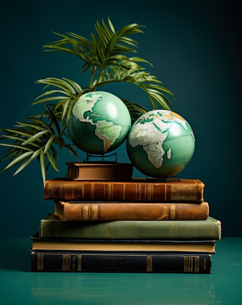 Two green globes sitting on top of a stack of books. Three books with globes on top on green background