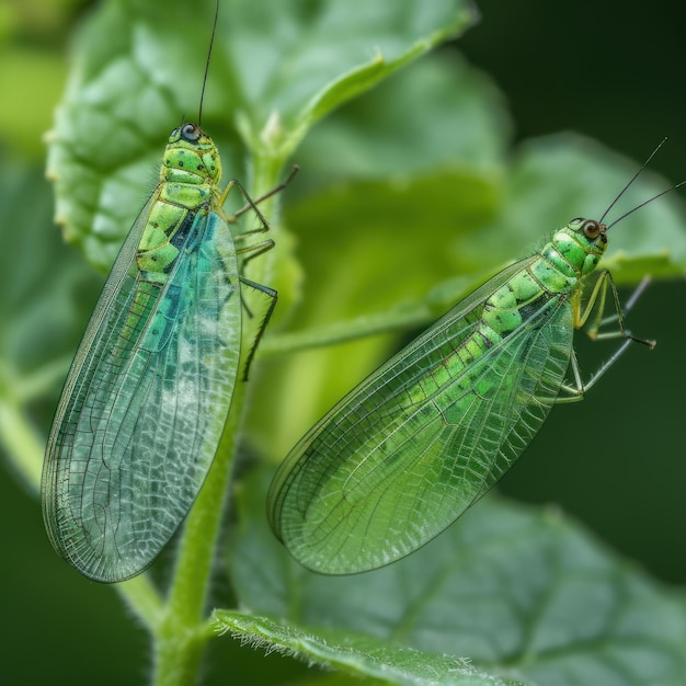 2 つの緑の昆虫が葉の上に座っています。