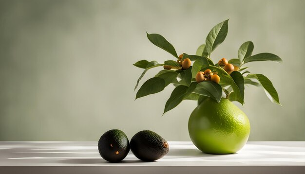 Photo two green mangoes and a plant on a table