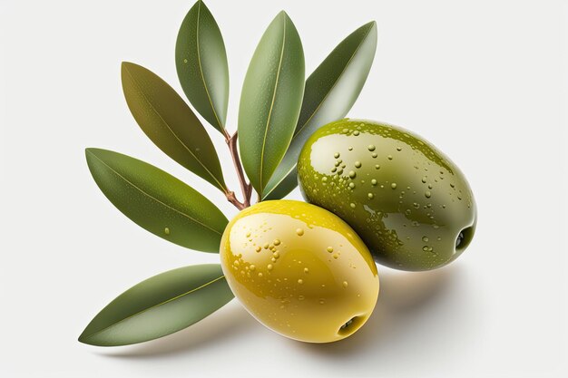 Two green olives with leaves on a white background Generative AI