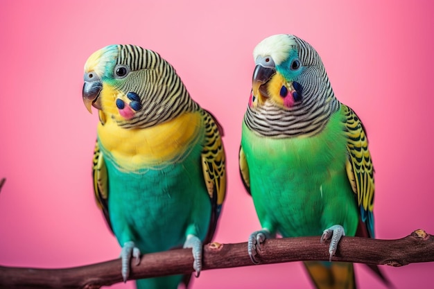 Two green parakeets sitting on a branch