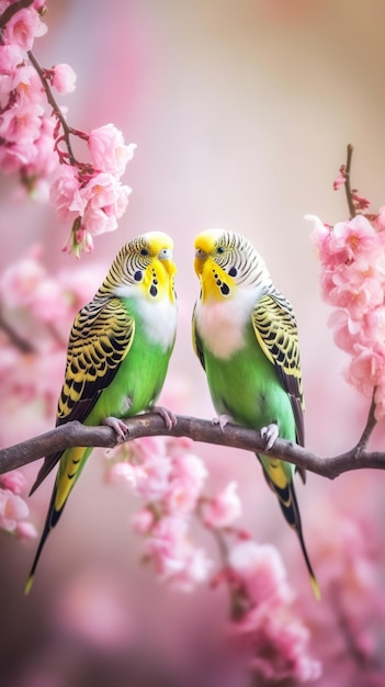 Two green parrots sitting on a branch with pink flowers.