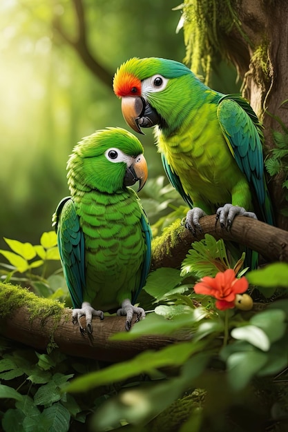 Two green parrots sitting on a tree branch with flowers in the background