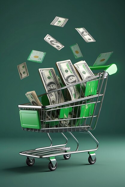 Two green shopping carts float in the air with bank cards and dollar coins 3d rendering