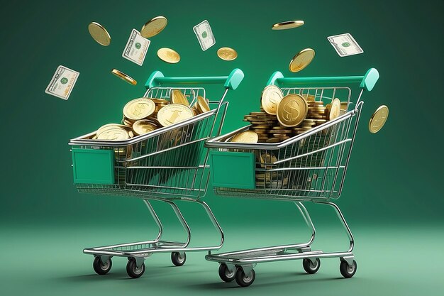 Two green shopping carts float in the air with bank cards and dollar coins 3d rendering