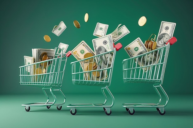 Photo two green shopping carts float in the air with bank cards and dollar coins 3d rendering