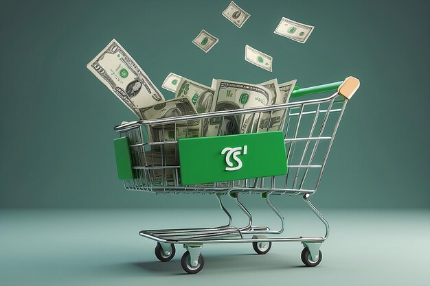 Photo two green shopping carts float in the air with bank cards and dollar coins 3d rendering