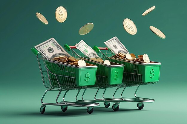 Photo two green shopping carts float in the air with bank cards and dollar coins 3d rendering