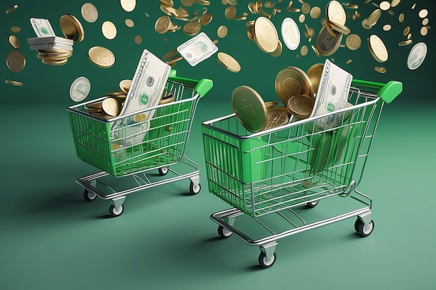 Photo two green shopping carts float in the air with bank cards and dollar coins 3d rendering