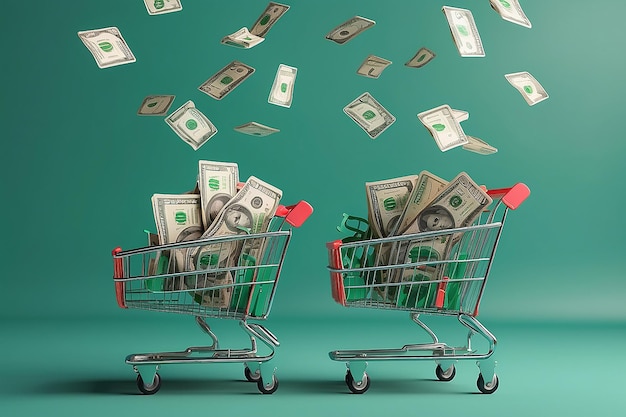 Two green shopping carts float in the air with bank cards and dollar coins 3d rendering