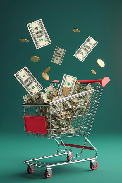 Two green shopping carts float in the air with bank cards and dollar coins 3d rendering