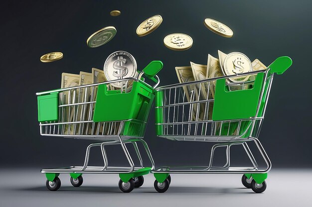 Photo two green shopping carts float in the air with bank cards and dollar coins 3d rendering