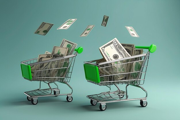 Photo two green shopping carts float in the air with bank cards and dollar coins 3d rendering