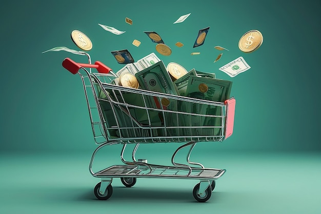 Photo two green shopping carts float in the air with bank cards and dollar coins 3d rendering