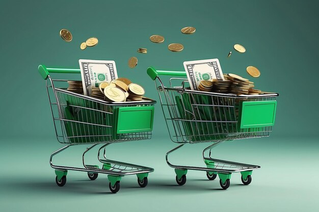 Photo two green shopping carts float in the air with bank cards and dollar coins 3d rendering