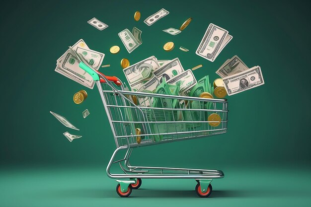 Two green shopping carts float in the air with bank cards and dollar coins 3d rendering