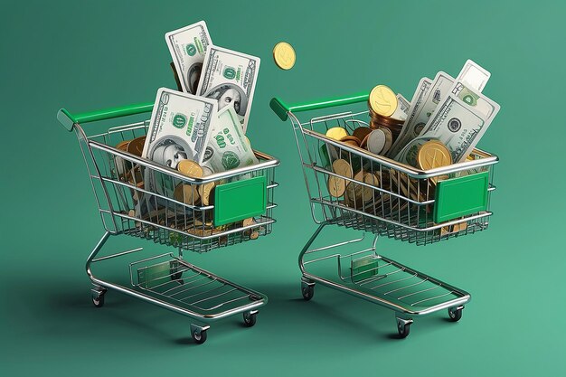 Photo two green shopping carts float in the air with bank cards and dollar coins 3d rendering