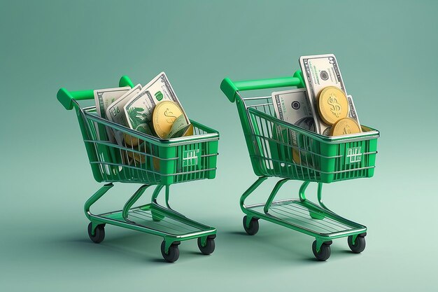 Photo two green shopping carts float in the air with bank cards and dollar coins 3d rendering