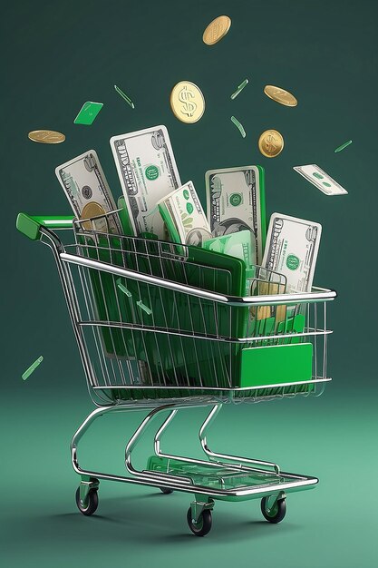 Two green shopping carts float in the air with bank cards and dollar coins 3d rendering