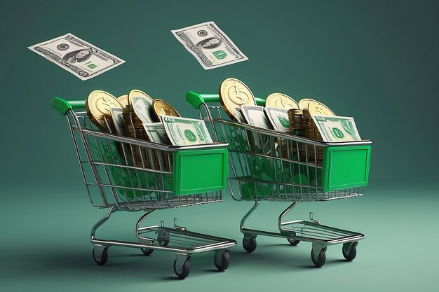 Two green shopping carts float in the air with bank cards and dollar coins 3d rendering