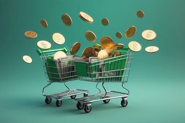 Photo two green shopping carts float in the air with bank cards and dollar coins 3d rendering