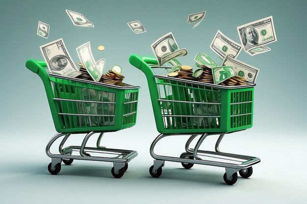 Two green shopping carts float in the air with bank cards and dollar coins 3d rendering