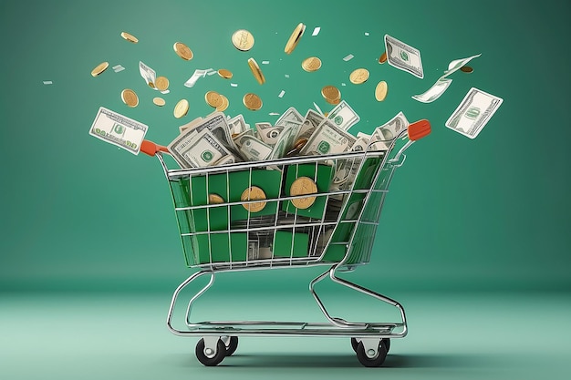 Photo two green shopping carts float in the air with bank cards and dollar coins 3d rendering