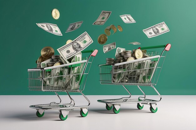 Photo two green shopping carts float in the air with bank cards and dollar coins 3d rendering