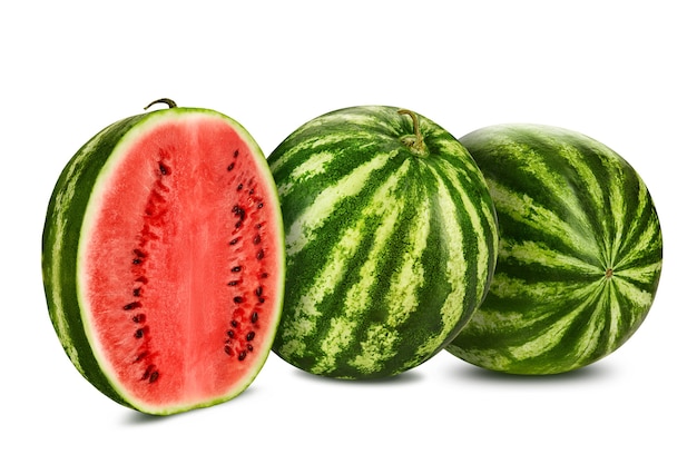 Two green striped watermelons isolated on white with copy space for text images crosssection berry w...