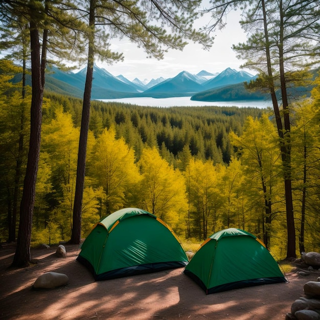 Two green tents are set up in a forest with a lake in the background.