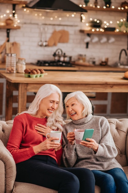 Two grey-haired pleasant cute ladies sitting on the sofa and smiling