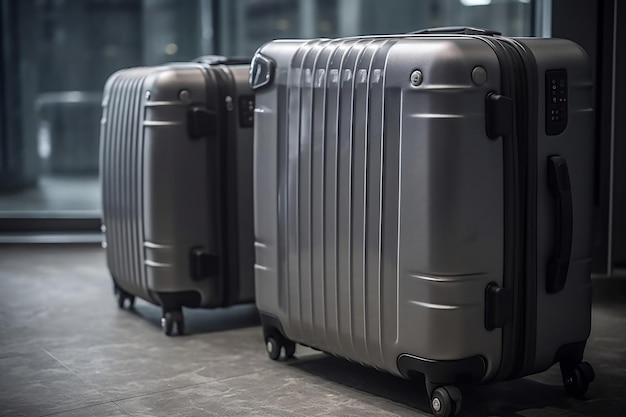 Two grey suitcases are on the floor in a terminal.