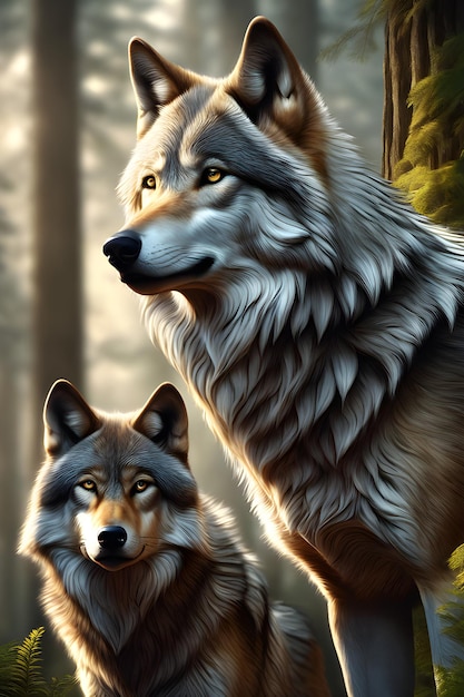 森の中に立つ2頭の灰色オオカミ