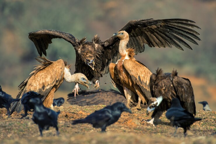 Два белоголового сипа (Gyps fulvus и Cinereous vulture (Aegypius monachus)