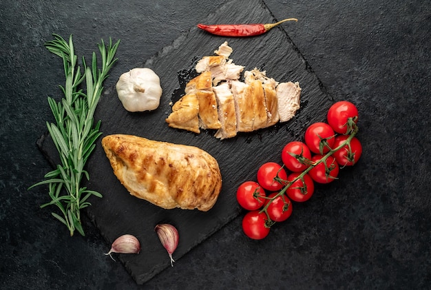 two grilled chicken breasts on a stone background