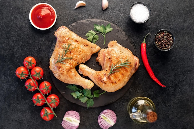 two grilled chicken legs with spices and herbs on a stone background
