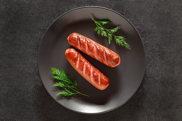 Two grilled sausages and springs of dill on dark background top view space to copy text