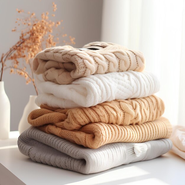 Two groups of knit sweaters on white table as shown