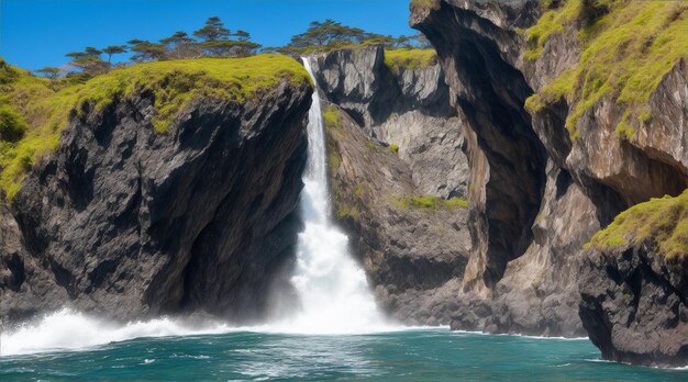 Two groups of rock formations standing at a waterfall in the pacific ocean by generative ai