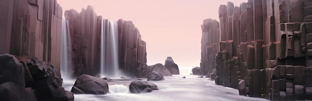 two groups of rock formations standing at a waterfall in the pacific ocean