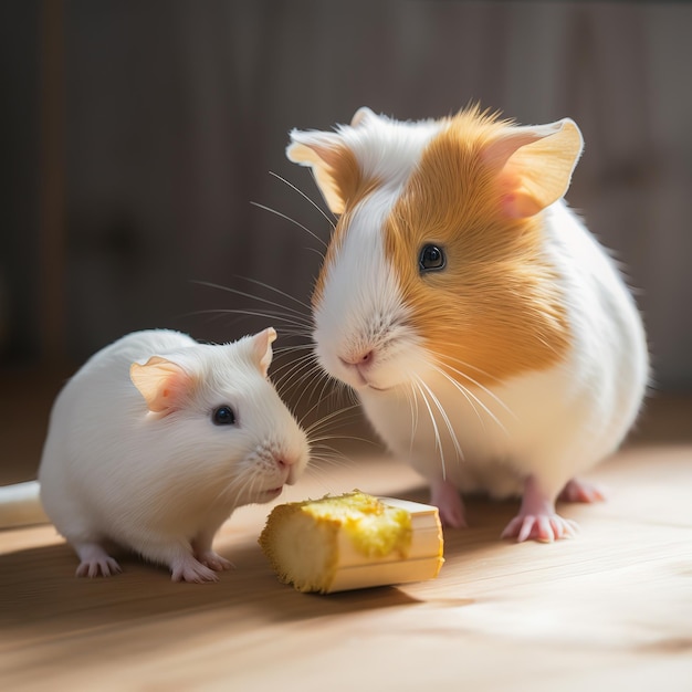 Two guinea pigs are eating a banana on a wooden floor.